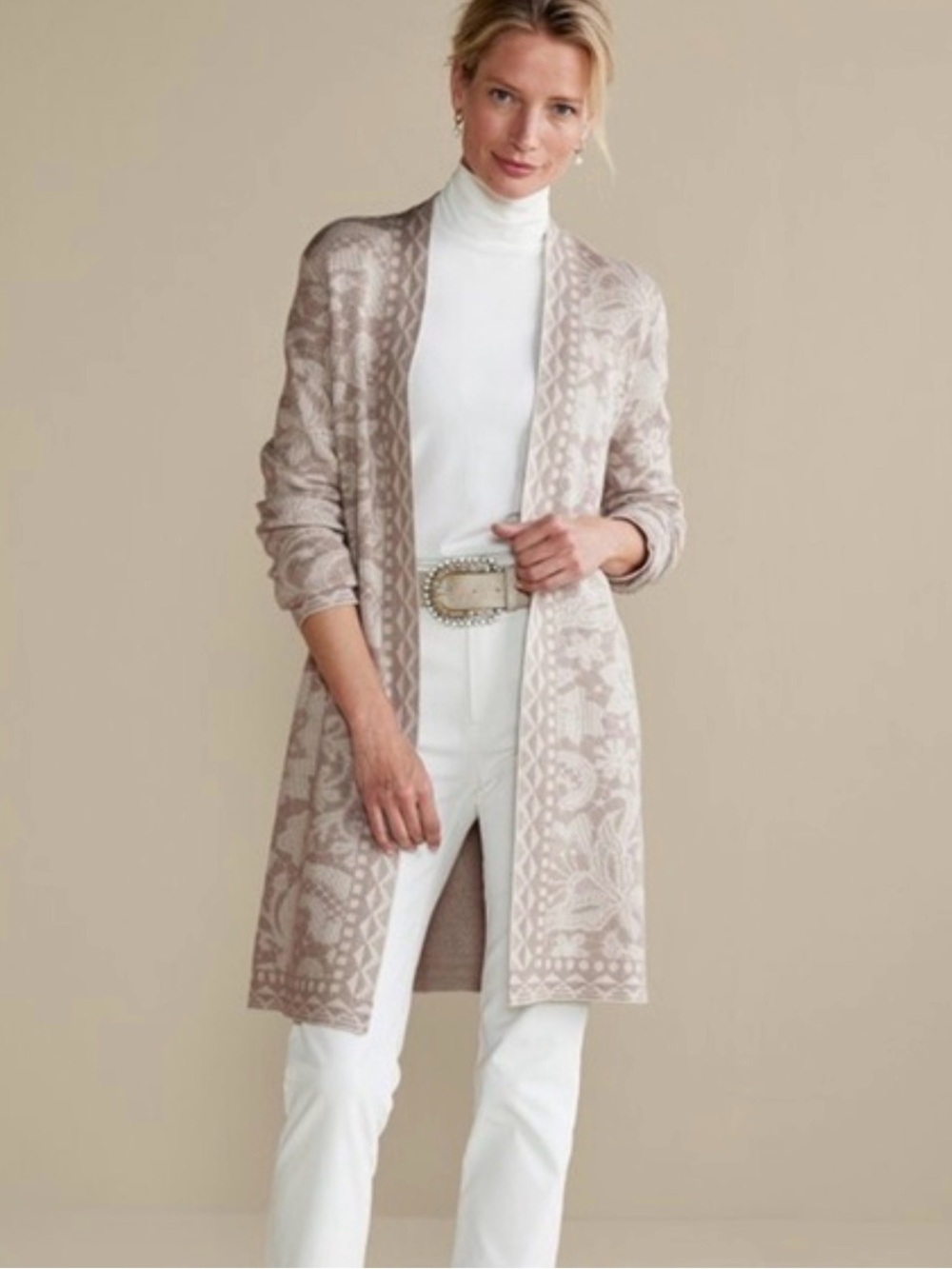 Soft Surroundings Cardigan Sweater Long Tan White Ivy Shimmer M